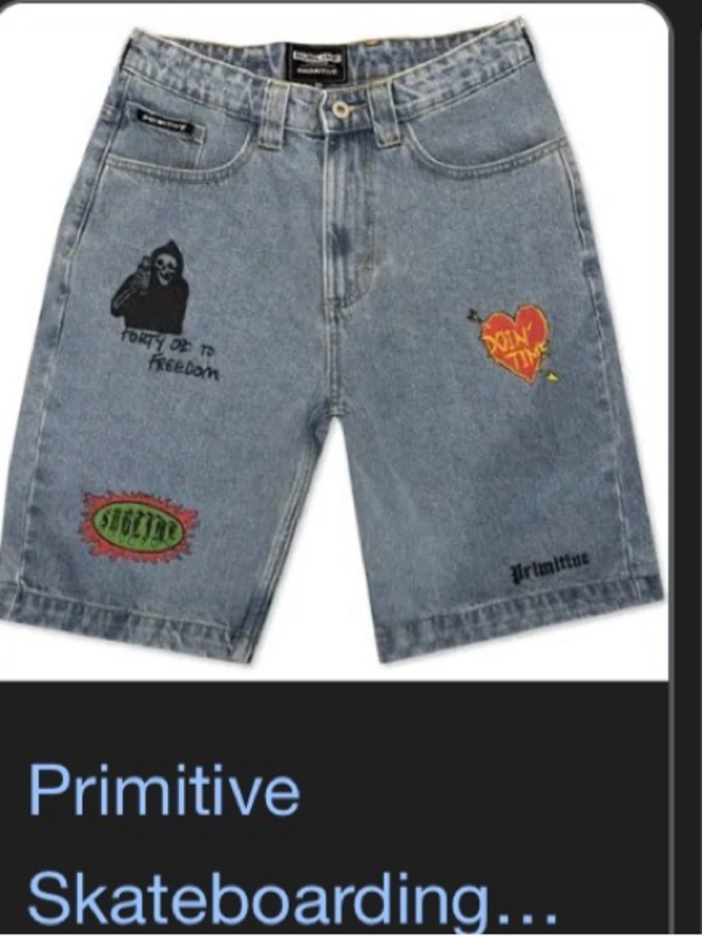 Primitive Light Blue Denim Shorts with Multicolor Graphic sublime